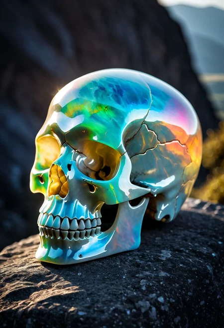 Fujifilm XT3, Sony A7 IV, (award winning photography) a marble skull made of opal set on a stone ledge in the early morning light, glistening. in the background beautiful valleys, divine iridescent glowing, opalescent textures, volumetric light, ethereal, sparkling, studio photo, highly detailed, sharp focus (highest quality: 1.39) (highest coherency: 1.39) (award winning photography), highly detailed photography, (muted colors, cinematic, dim colors, soothing tones:1.2), vibrant, insanely detailed, hyperdetailed, (dark shot:1.2), (vsco:0.3), (intricate details:0.9), (hdr, hyperdetailed:1.2) (vignette), sss