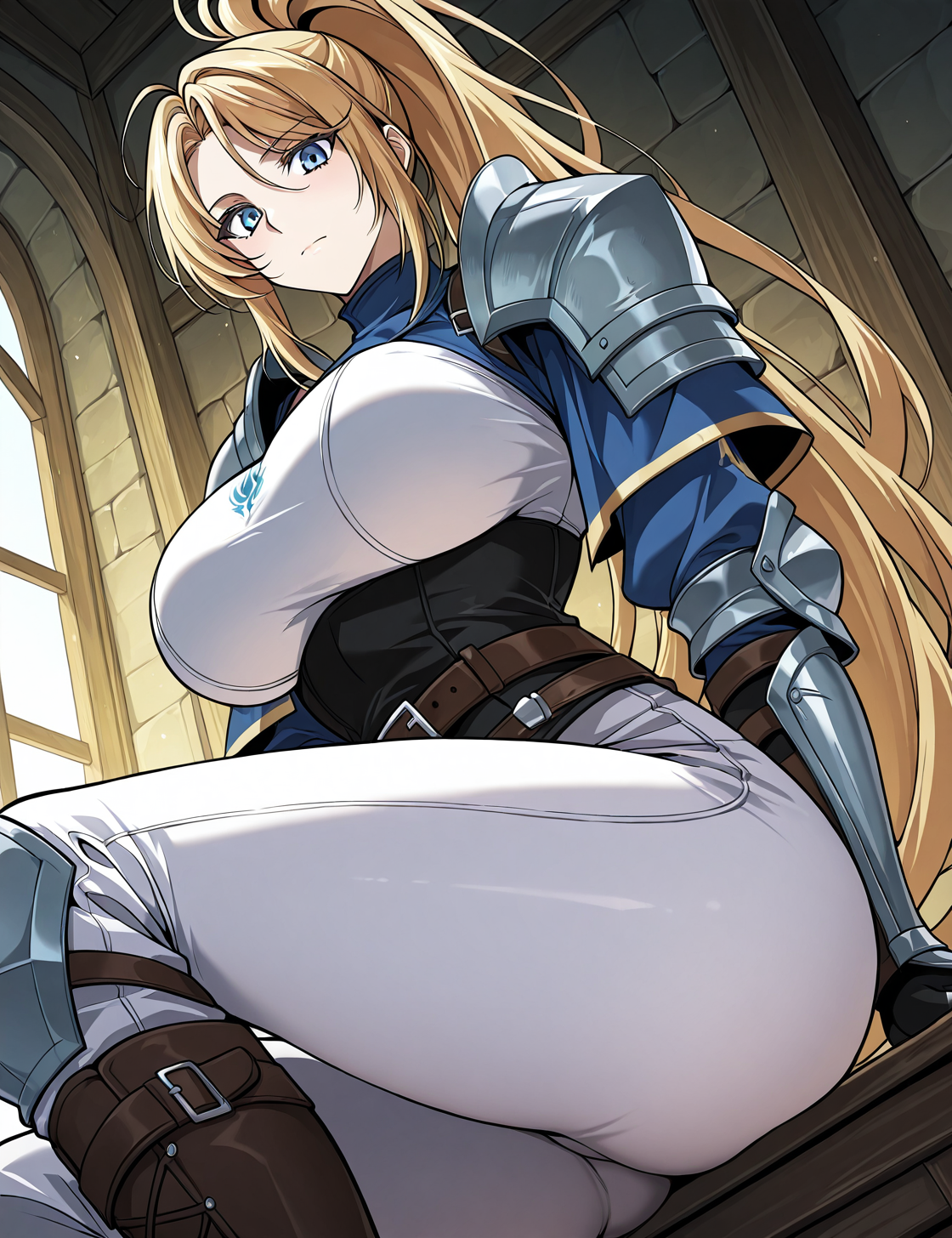 <lora:Kiri_Frodmain Illustrious:1>
1 girl, solo, blue eyes, blonde hair, long hair, ponytail, bangs, large breasts
armor, gauntles, boots, breastplate, belt, shoulder armor, pauldrons, white pants
zPDXL3, score_9_up, score_8_up, score_7_up, (Anime_source),Masterpiece,(perfect female body:1.2), small waist, (incredibly detailed:1.4), 1 girl, slim, beautiful fingers, beautiful white skin, Beautiful clear skin, (big breasts:1.4), ((looking at viewer)), big breasts, ass, perfect ass, sitting, from below, looking down