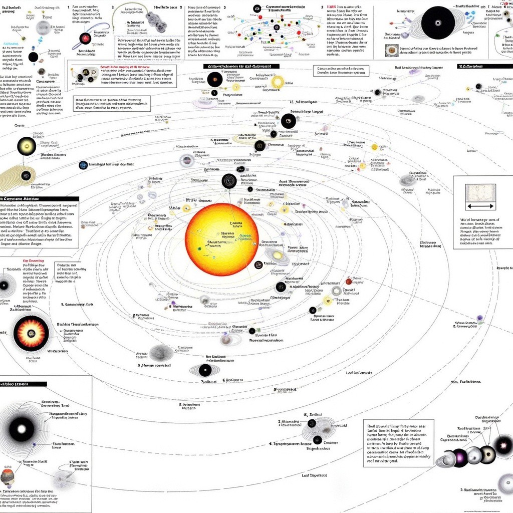 This is a detailed, digital illustration of the solar system, specifically focusing on the orbits of comets, presented in a black and white and color format. The illustration is divided into several sections, each detailing specific aspects of a different black holes system.