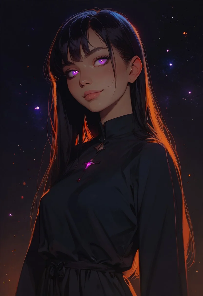 score_9, score_8_up, score_7_up, 1girl (glowing purple eyes, long black hair, small breasts), 26 years old, straight hair, bangs, black sheath dress, night, (subtle smile:0.8), proud,