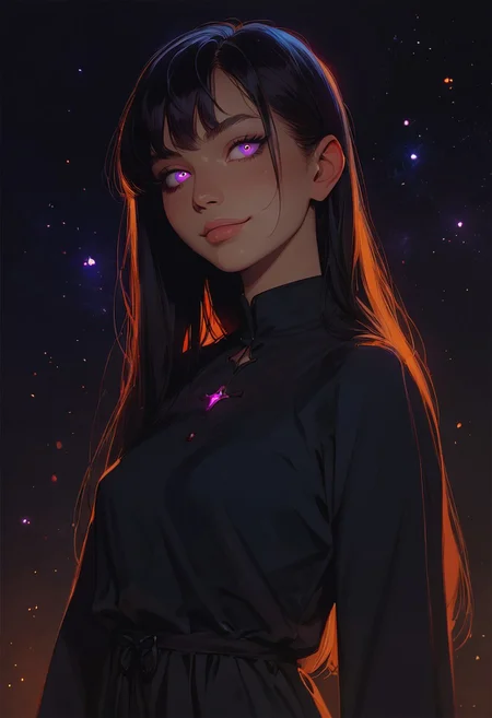 score_9, score_8_up, score_7_up, 1girl (glowing purple eyes, long black hair, small breasts), 26 years old, straight hair, bangs, black sheath dress, night, (subtle smile:0.8), proud,