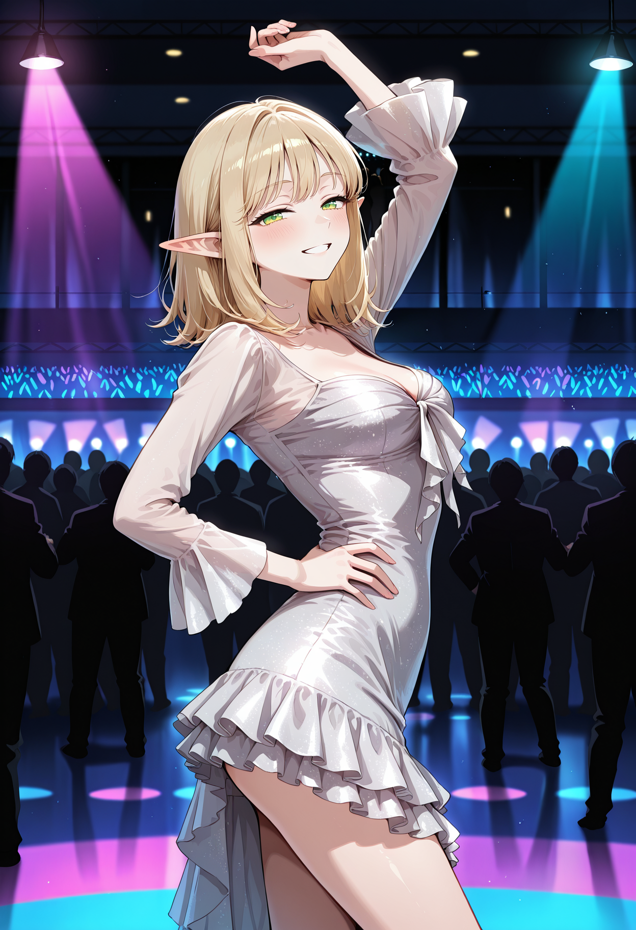 dance floor, night club, lamps, crowd,nightclub,rave,spotlights,ultraviolet light, dancing people,
solo focus,
1girl, pointed ears, elf, blonde, small eyes, green eyes, medium breasts, medium hair,
smile, half-closed eyes, blush,
dancing, side view, cowboy shot, looking for viewer, arm up, arm on hip,
matakawadress, long dress, long sleeves, asymmetrical skirt, frills dress, bare neck, silver dress,  <lora:MatakawaDressIlv2:1>,
 <lora:gogalkingIL-style:0.8>
