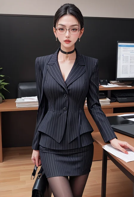 1girl,solo,,ruanyi0856,striped jacket,choker,black pantyhose,striped skirt,glasses,black skirt,pinstripe pattern,
office,<lora:0856 OL professional suit skirt 1_v1_pony:0.9>, score_9,score_8_up,score_7_up,,8k,1girl,solo,,