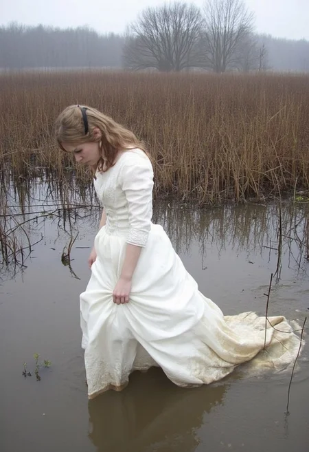 aesthetic2000s, perfect face, Young woman, mid-20s, full-body view, light brown wavy hair, fair skin, wearing an edwardian wedding gown, standing in profile with head slightly bowed, somber expression, no visible makeup, natural look, scene set in an outdoor marshland, wading through muddy waters, staining wedding dress with mud, visible reeds and bare trees, overcast sky, mist in the background, muted earthy tones, soft lighting, capturing a serene, introspective mood, low lighting, eerie sky and atmosphere, amateurish photo quality, aesthetic_pos3