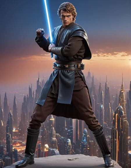(full body 1.5) Hyper-realistic photo of Anakin Skywalker Jedi <lora:Anakin_Skywalker_Jedi:0.7> holding a blue lightsaber with Perfect Hands <lora:Perfect Hands:0.8> Perfect Hands, wearing CloneWars outfit, exhibits acrobatic prowess on the futuristic spectacular city planet Coruscant, ((background of densely populated futuristic cyberpunk city planet)), tall skyscrapers,  (intricate:1.5), (highly detailed:1.4), octane render, sharp focus, art by artgerm, (loish:0.23) , wlop ilya kuvshinov, and greg rutkowski and alphonse mucha, (global illumination, studio light, volumetric light),