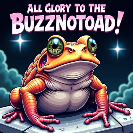 masterpiece of art, highest quality, 32k, intricate details, a meme in a comic art style, of a large warty toad in pychedelic colors sitting on the curb and looking up at the viewer with oversized swirly spirAL eyes with a hypnotic lightning emoji in the eyes. Text above it reads "All Glory to the Buzznotoad!"