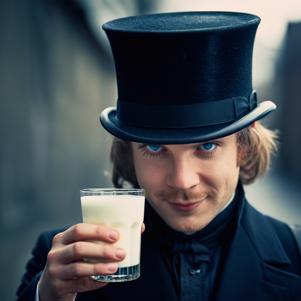 cinematic film still of  <lora:perfection style:0.5> <lora:detailed:0.5> perfection detailed
 <lora:Clockwork Orange film style:0.9>
Alex In a futuristic dystopian Britain a man in a top hat holding a glass of milk,solo,looking at viewer,smile,blue eyes,1boy,hat,male focus,cup,portrait,drinking glass,realistic , cinematic, film, kodak, Clockwork Orange film style, shallow depth of field, vignette, highly detailed, high budget, bokeh, cinemascope, moody, epic, gorgeous, film grain, grainy