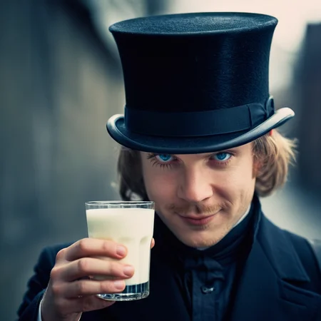 cinematic film still of <lora:perfection style:0.5> <lora:detailed:0.5> perfection detailed
<lora:Clockwork Orange film style:0.9>
Alex In a futuristic dystopian Britain a man in a top hat holding a glass of milk,solo,looking at viewer,smile,blue eyes,1boy,hat,male focus,cup,portrait,drinking glass,realistic , cinematic, film, kodak, Clockwork Orange film style, shallow depth of field, vignette, highly detailed, high budget, bokeh, cinemascope, moody, epic, gorgeous, film grain, grainy