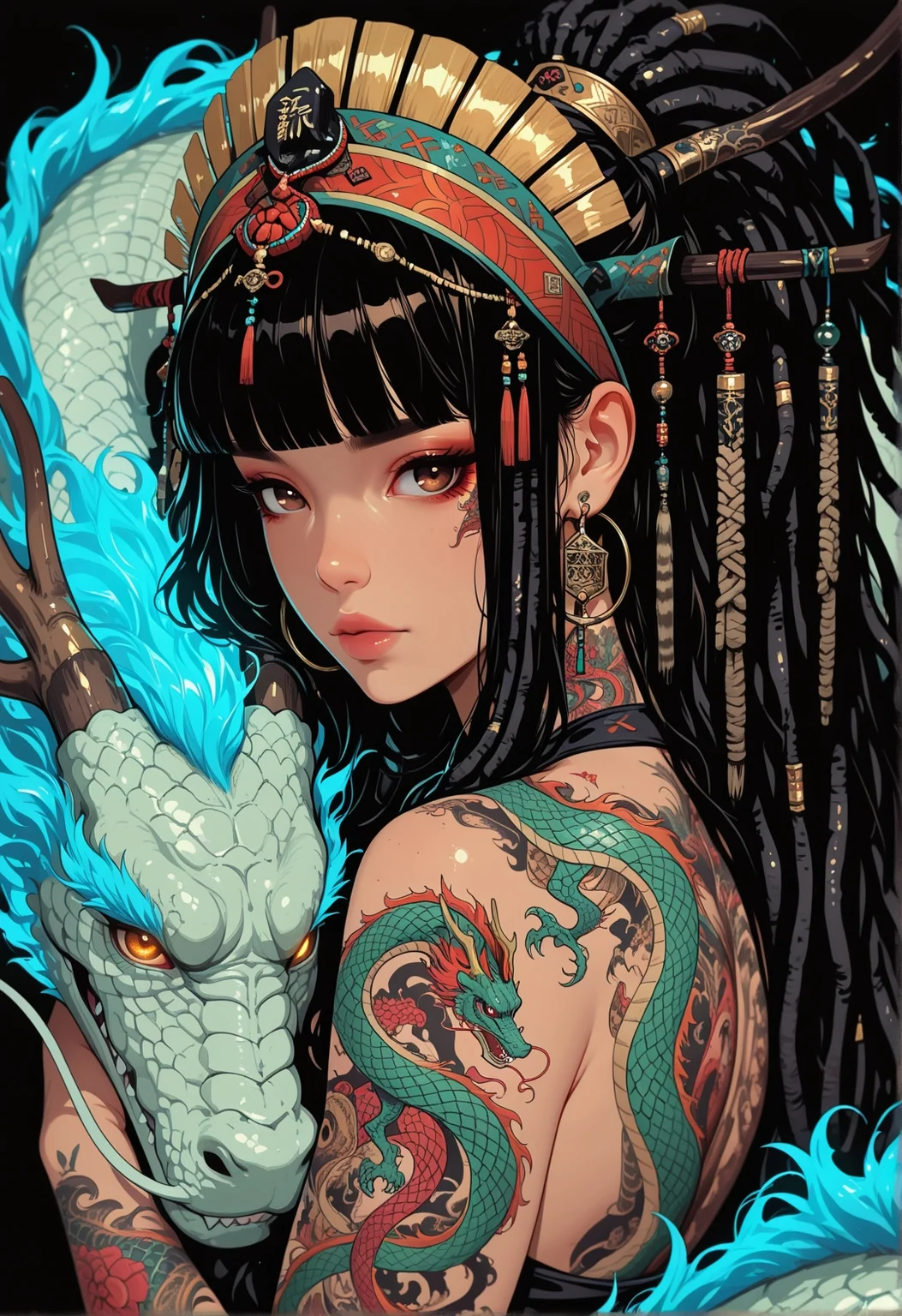 <lora:ck-shadow-circuit-IL:0.78>,
masterpiece, best quality, good quality, very aesthetic, absurdres, newest, 8K, depth of field, focused subject,
1girl, solo, hoop earrings, black hair, exotic hair, (hair ornament:1.4), detailed headdress, exotic headdress, glowing hair, feather, dreadlocks, (shaman), long hair, back tattoo, looking at viewer, from side, blunt bangs, upper body, arm tattoo, dragon tattoo, eastern dragon, shoulder tattoo, bare shoulders, long hair, brown eyes, yakuza, cuddling with eastern dragon, black background
<lora:MoriiMee_Gothic_Niji_Style_Illustrious_r1:0.45>
<lora:ck-nc-cyberpunk-IL-000011:0.4>
<lora:ck-neon-retrowave-IL:0.2>