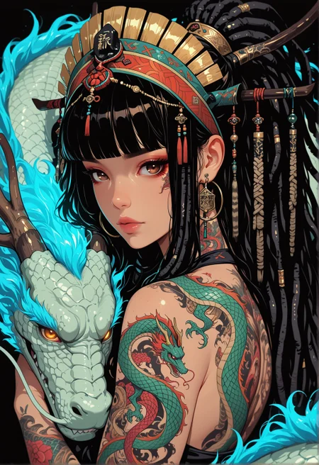 <lora:ck-shadow-circuit-IL:0.78>,
masterpiece, best quality, good quality, very aesthetic, absurdres, newest, 8K, depth of field, focused subject,
1girl, solo, hoop earrings, black hair, exotic hair, (hair ornament:1.4), detailed headdress, exotic headdress, glowing hair, feather, dreadlocks, (shaman), long hair, back tattoo, looking at viewer, from side, blunt bangs, upper body, arm tattoo, dragon tattoo, eastern dragon, shoulder tattoo, bare shoulders, long hair, brown eyes, yakuza, cuddling with eastern dragon, black background
<lora:MoriiMee_Gothic_Niji_Style_Illustrious_r1:0.45>
<lora:ck-nc-cyberpunk-IL-000011:0.4>
<lora:ck-neon-retrowave-IL:0.2>