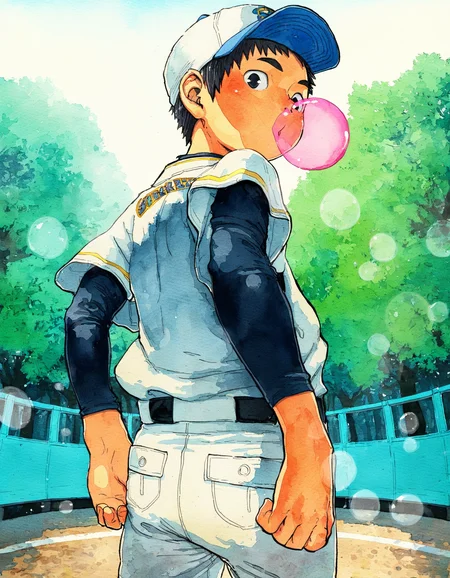 best quality, good quality, shounenzoom-style, 2010s, watercolor, textured paper, outdoors, day, lens flare, fisheye, 1boy, solo, black hair, black eyes, baseball uniform, baseball cap, white pants, standing, looking down at viewer, blowing pink bubble <lora:shounen_zoom-naixl-v7Nc-ShoAI:1>