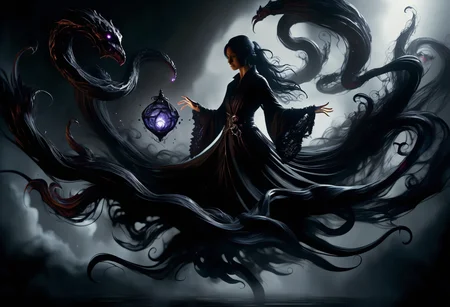 hyper detailed masterpiece, dynamic, awesome quality,female caster casting darkness magic enveloping, inky blacknessabsorb all light and sound, moves like a living thing, tendrils of darkness reaching out, light dims and the air grows cold DonMM4g1cXL <lora:DonMM4g1cXL_v1.2:1>