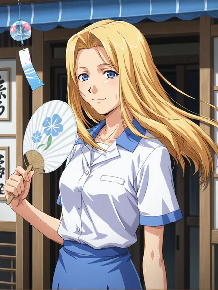 <lora:interlude-v2:0.8> 1girl, solo, fuj1n0b3, white shirt, blue skirt, summer, storefront, wind chime, sweat, smile, paper fan, upper body
