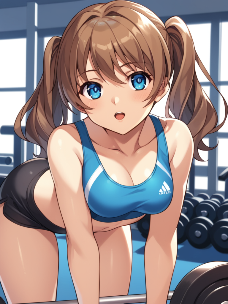 score_9, score_8_up, score_7_up, score_6_up, BREAK masterpiece, perfect face, perfect hands, high quality, source_cartoon, BREAK (1girl, solo,) <lora:Renka_Misaki_-_Akiba_Girls:1> renka, long hair, brown hair, twintails, blue eyes, sports bra, gym shorts, gymnasium, weight bench,