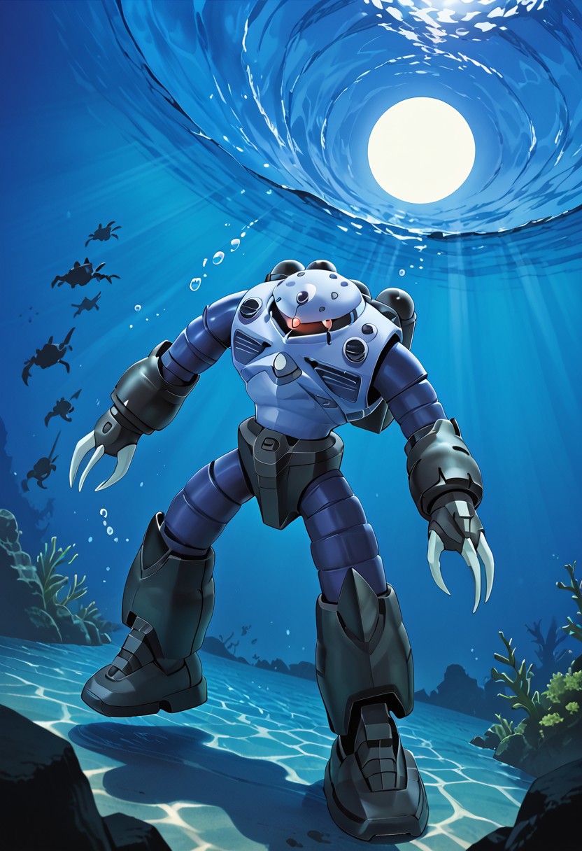 score_9, score_8_up, score_7_up, source_anime, side view, BREAK, ( zgok, monoeye not visible, one arm raised, ballast tanks on back, silhouette, ) 1mech, mech focus, solo, BREAK, underwater, avoiding danger, nuclear explosion, extreme lighting, bubbles,