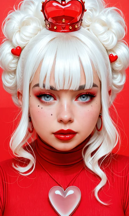 embedding:Stable_Yogis_PDXL_Positives2, facelistic, realism, red lips, plump lips, light blue eyes, white afro, red crown, glass crown, 1girl, bangs, earrings, grey eyes, heart, horns, jewelry, lips, long hair, looking at viewer, mole, portrait, red background, red theme, simple background, solo, white hair