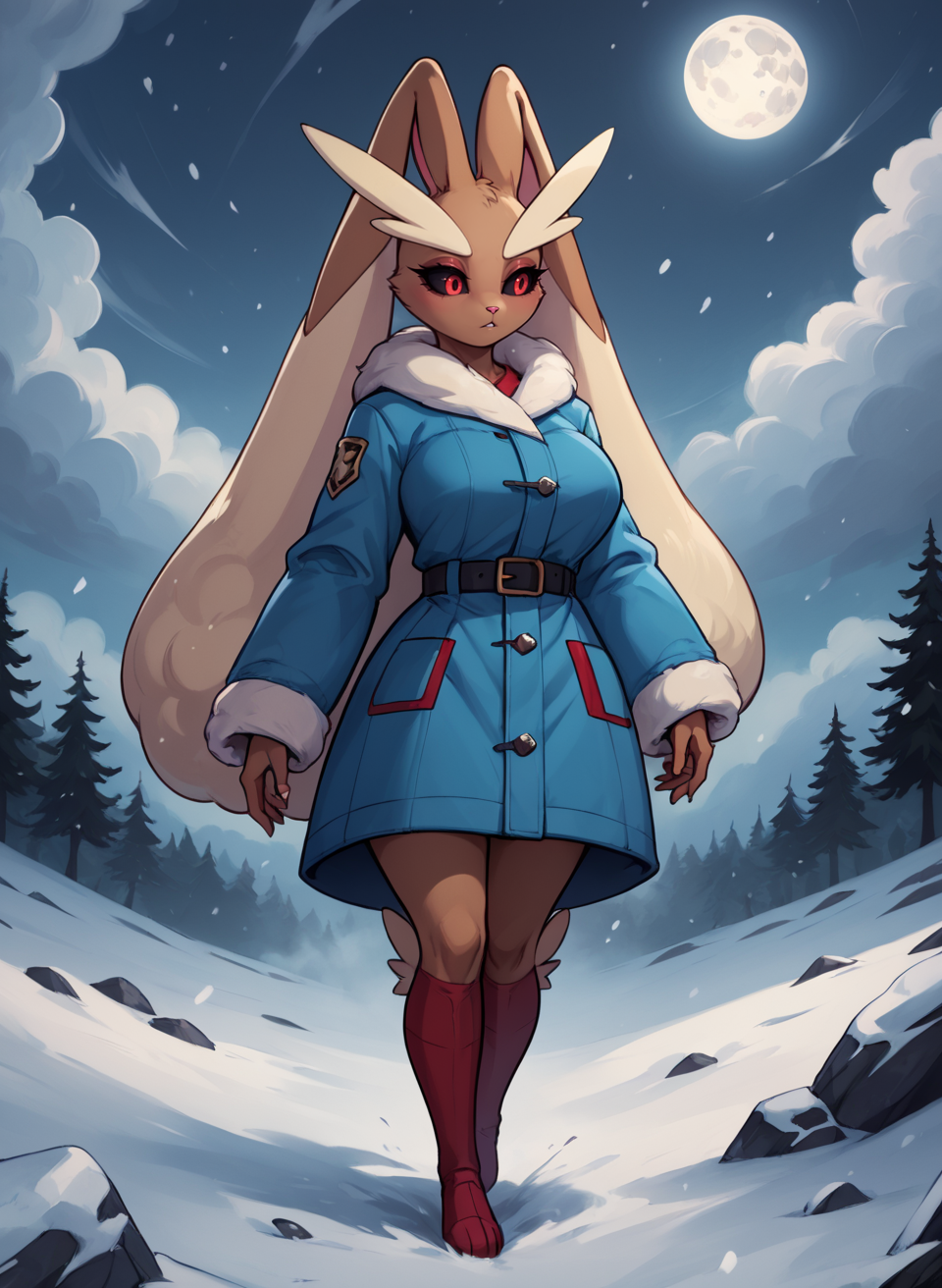 score_9, score_8_up, score_7_up, score_6_up, score_5_up, score_4_up, <lora:LopunnyPXL:1> LopunnyPXL, anthro, red eyes, black sclera, big breasts, makeup, mascara, winter coat, look away, looking behind , snowy moutain, peak of the mountain, moutain summit, summit, very top of the moutain, peak, wind, snowstorm, clouds, fog, high sky, night, full moon, full body