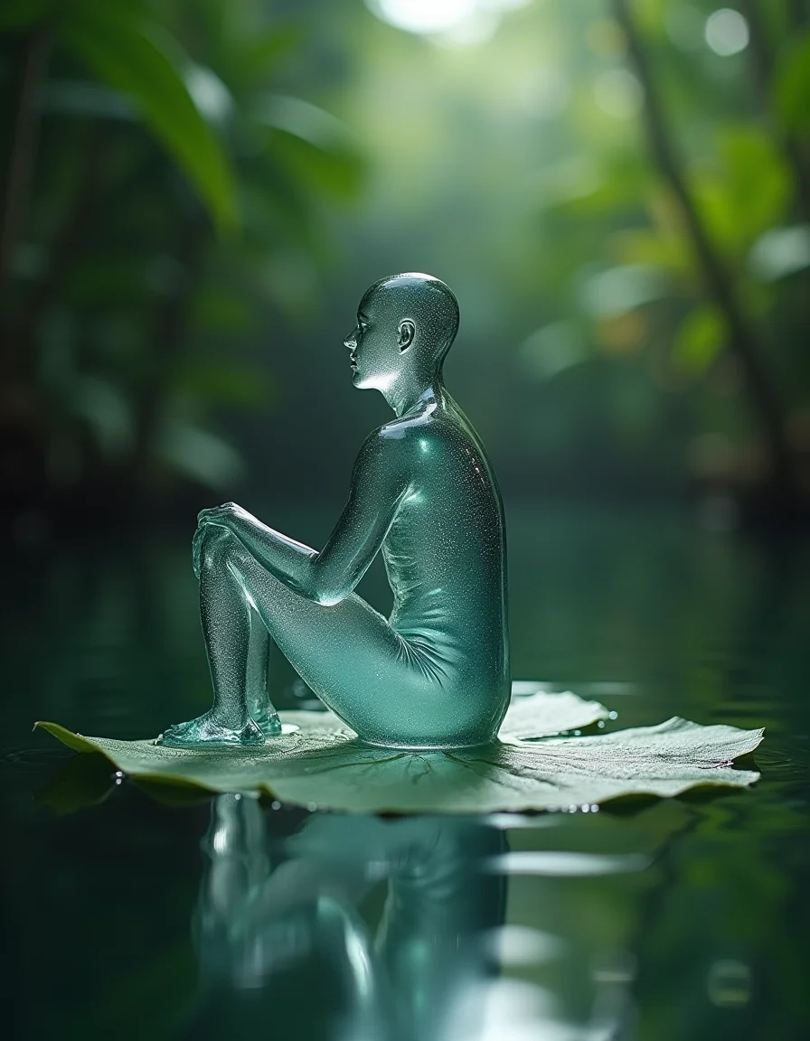 little man made of water, which is completely transparent, sits in the jungle in the middle of the water, he sits on a leaflet, which swims on the water, around the jungle of the amazon