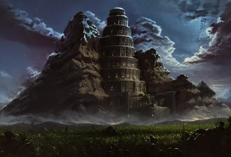 Sky, night, star , cloud ,weed, grass, urithiru, tower city, (tower), rock, weed, dark, chiaroscuro, low-key, DarkFantasy, Dark Fantasy page,matchcraft floating island, floating islands, islands