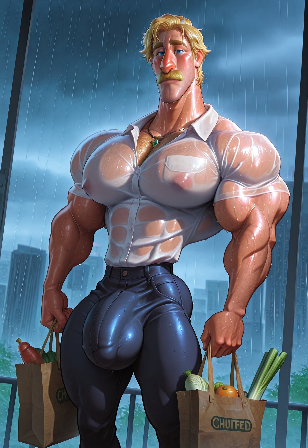 masterpiece, best quality, amazing quality, detailed background, intricate details, dynamic, cinematic, animated, anime realistic shading, solo, male focus, 1boy, handsome, ch4z, blond hair, blue eyes, thick moustache, stubble, hyper muscles, broad shoulders, hyper pectorals, huge pecs, erect nipples, chest hair, hairy, small waist, necklace, white shirt, pants, shoes, penis, large bulge, groceries, holding, wet clothes, see through shirt, wet, wet hair, city background, cloudy, rain, rainy, dutch angle