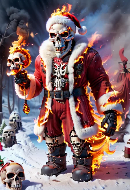 ral-santa, fire santa,skull head,skull on fire, santa claus is on fire, fiery and dynamic <lora:ral-santa-sdxl:1>,Holding a flaming chain,full body, solo,standing,