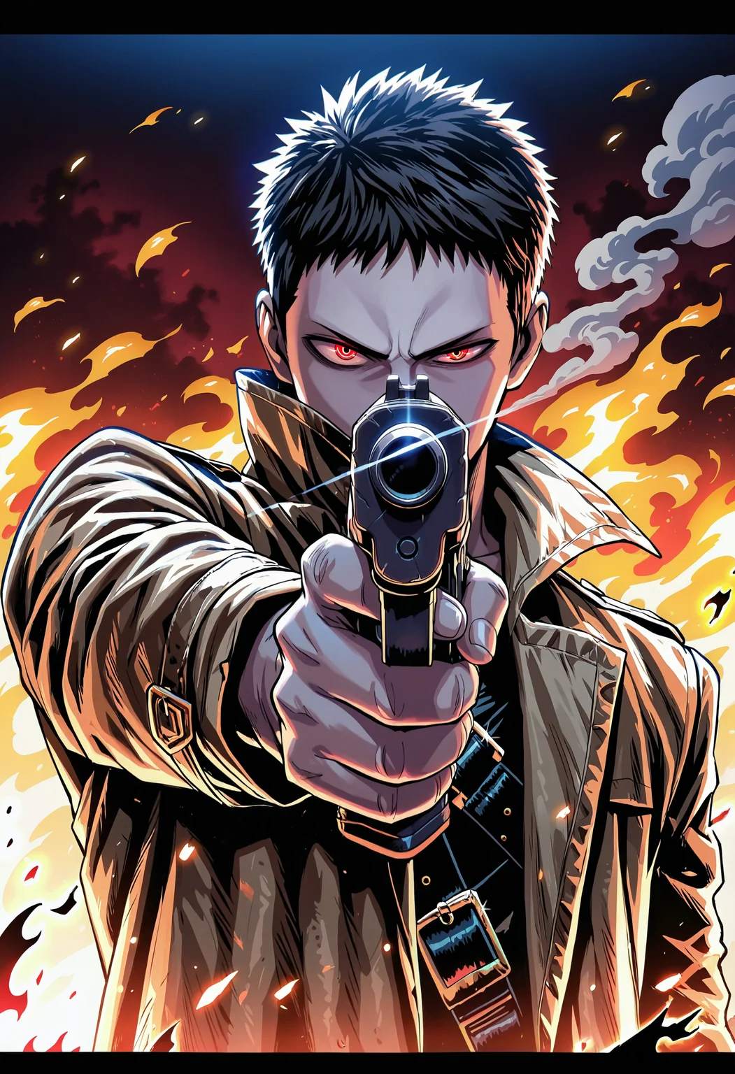 masterpiece, best quality, newest, absurdres, highres, very awa, 1boy, male, male focus, zombieman, solo, weapon, gun, fire, letterboxed, aiming at viewer, smoke, aiming, holding weapon, holding, handgun, glowing, holding gun, glowing eye, jacket, glowing eyes, looking at viewer, upper body, orange jacket