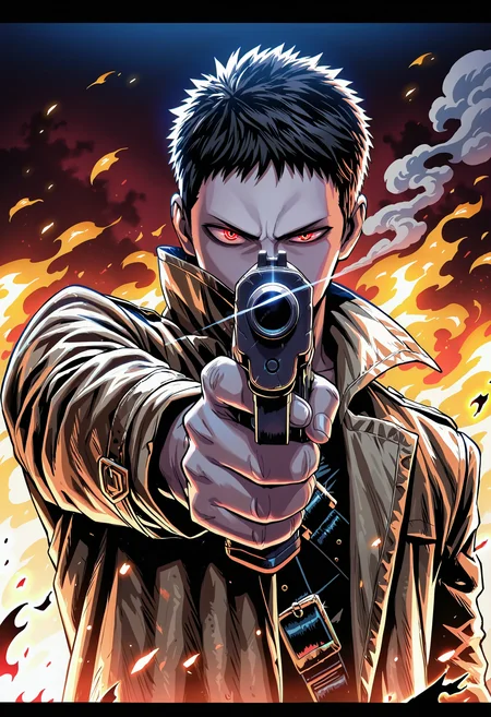 masterpiece, best quality, newest, absurdres, highres, very awa, 1boy, male, male focus, zombieman, solo, weapon, gun, fire, letterboxed, aiming at viewer, smoke, aiming, holding weapon, holding, handgun, glowing, holding gun, glowing eye, jacket, glowing eyes, looking at viewer, upper body, orange jacket