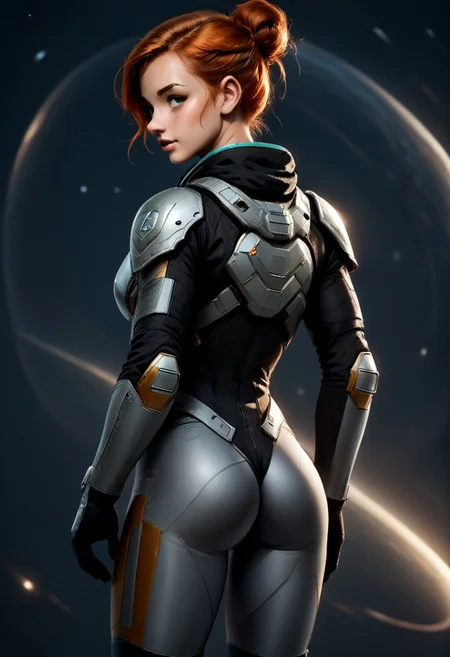 ultra detailed, 1girl, solo, gorgeous girl, cute girl, 25years old, adult, green eyes,(ginger hair), updo hairstyle,horny, boobs, dramatic lighting, sinozick style, g4n1m3, freckles, absurdres, looking aroused, Dark background,Space_3xplorer, Standing, full Body View, in space, Armour, from behind, looking back