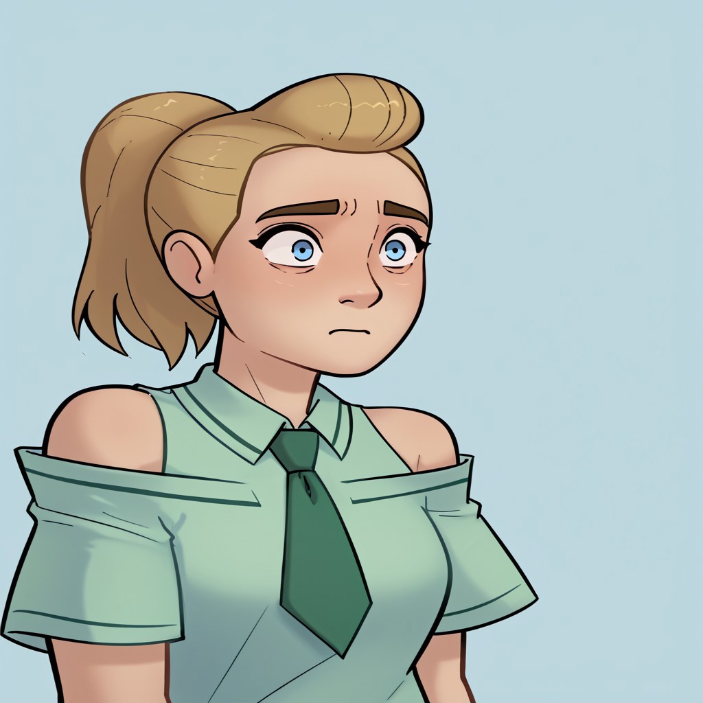 score_9, score_8_up, score_7_up, relatedguy, bust shot, solo, bare shoulders, CHAdora, simple background, one colour background, light blue background, Guilty, Downcast eyes, slumped shoulders, and a slightly ashamed expression, School Uniform, Green Tie, Green Collar Shirt, Skirt, Pleated Skirt, Short Sleeves, Long Socks,