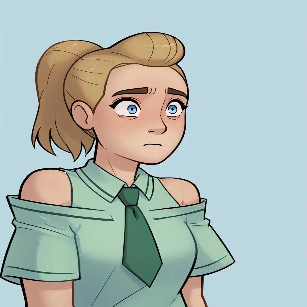 score_9, score_8_up, score_7_up, relatedguy, bust shot, solo, bare shoulders, CHAdora, simple background, one colour background, light blue background, Guilty, Downcast eyes, slumped shoulders, and a slightly ashamed expression, School Uniform, Green Tie, Green Collar Shirt, Skirt, Pleated Skirt, Short Sleeves, Long Socks,