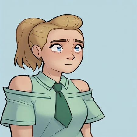 score_9, score_8_up, score_7_up, relatedguy, bust shot, solo, bare shoulders, CHAdora, simple background, one colour background, light blue background, Guilty, Downcast eyes, slumped shoulders, and a slightly ashamed expression, School Uniform, Green Tie, Green Collar Shirt, Skirt, Pleated Skirt, Short Sleeves, Long Socks,
