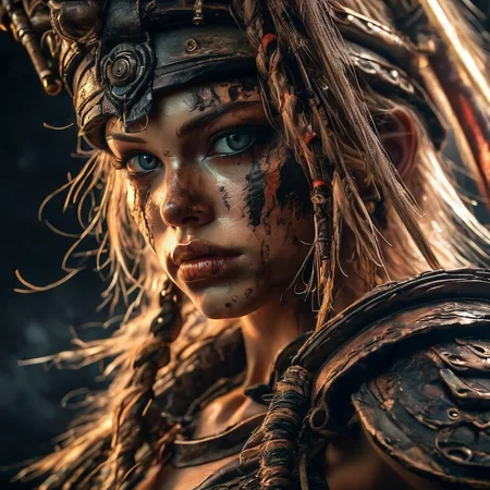 visiosomni professional studio portrait, close-up of a warrior girl, dark background, high details<lora:visiosomni:1>