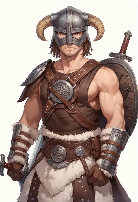 (score_9:0.9),score_8_up,score_7_up,rating_safe,anime style,(zPDXL),<lora:Dovahkiin Armor ponyXL v1.5:0.74>,dovahkiin armor,weapon,shield,solo,sword,muscular,male focus,1boy,horned helmet,brown gauntlets,