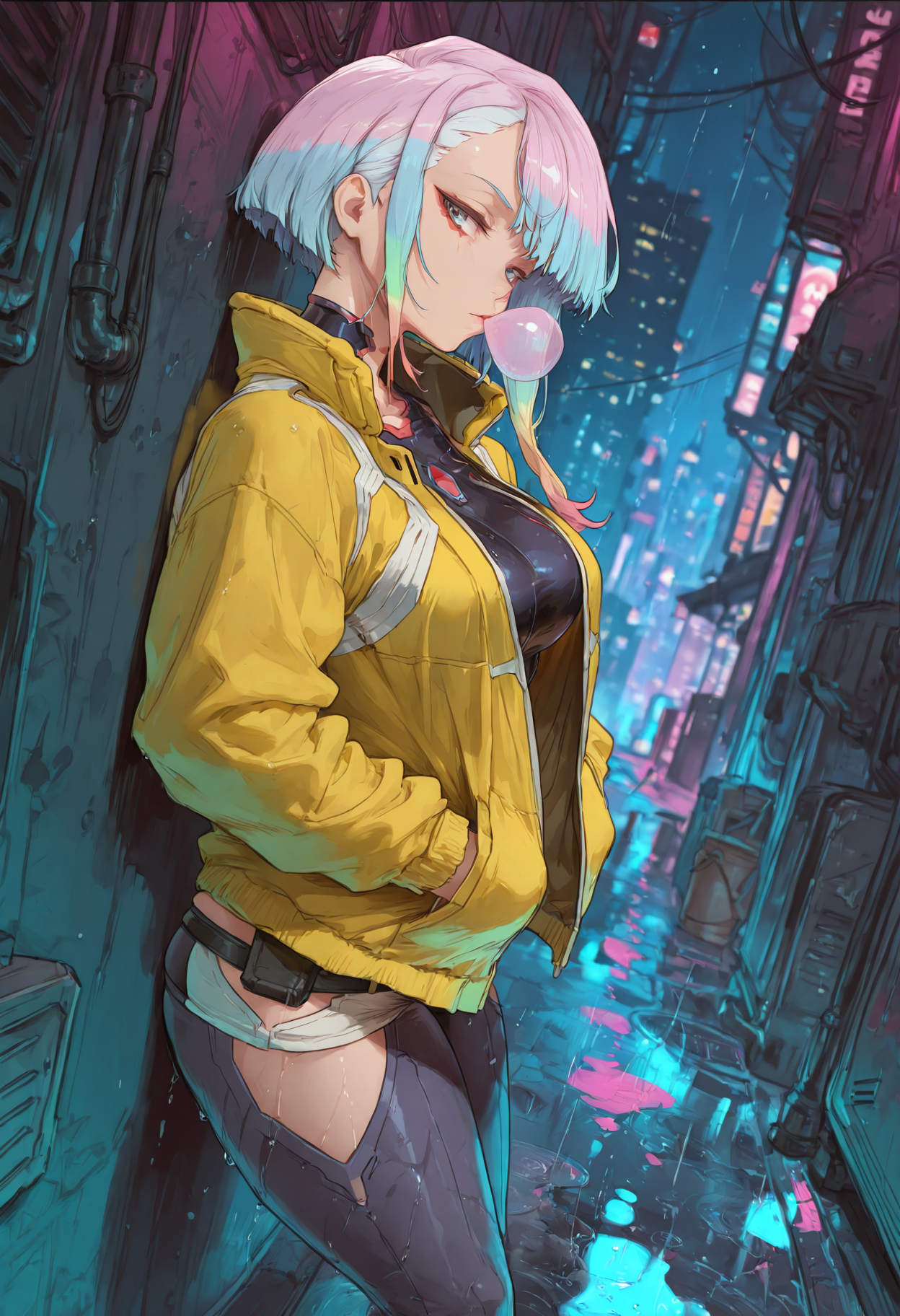 masterpiece, best quality, amazing quality, cusero artstyle, 

1girl, solo, lucy \(cyberpunk\), mature female, 

yellow jacket, 

standing, against wall, hands in pockets, bubble blowing, sideways glance, looking at viewer, :/, 

dutch angle, 

depth of field, blurry background, 

outdoors, cyberpunk, city, city lights, alley, night sky, after rain, puddle, 