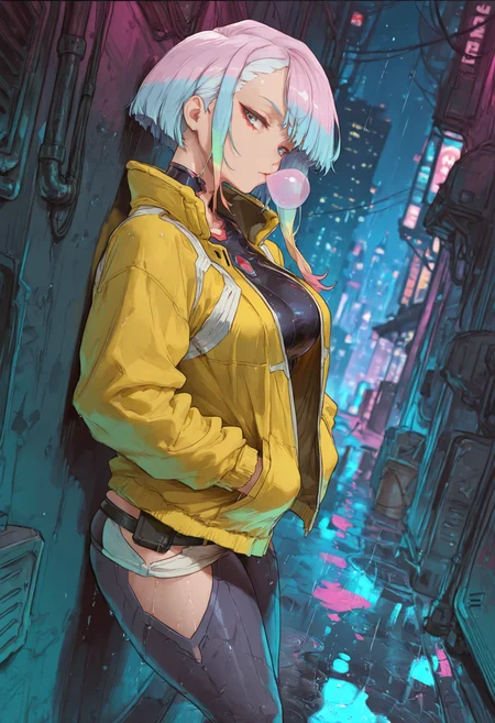 masterpiece, best quality, amazing quality, cusero artstyle,
1girl, solo, lucy \(cyberpunk\), mature female,
yellow jacket,
standing, against wall, hands in pockets, bubble blowing, sideways glance, looking at viewer, :/,
dutch angle,
depth of field, blurry background,
outdoors, cyberpunk, city, city lights, alley, night sky, after rain, puddle,