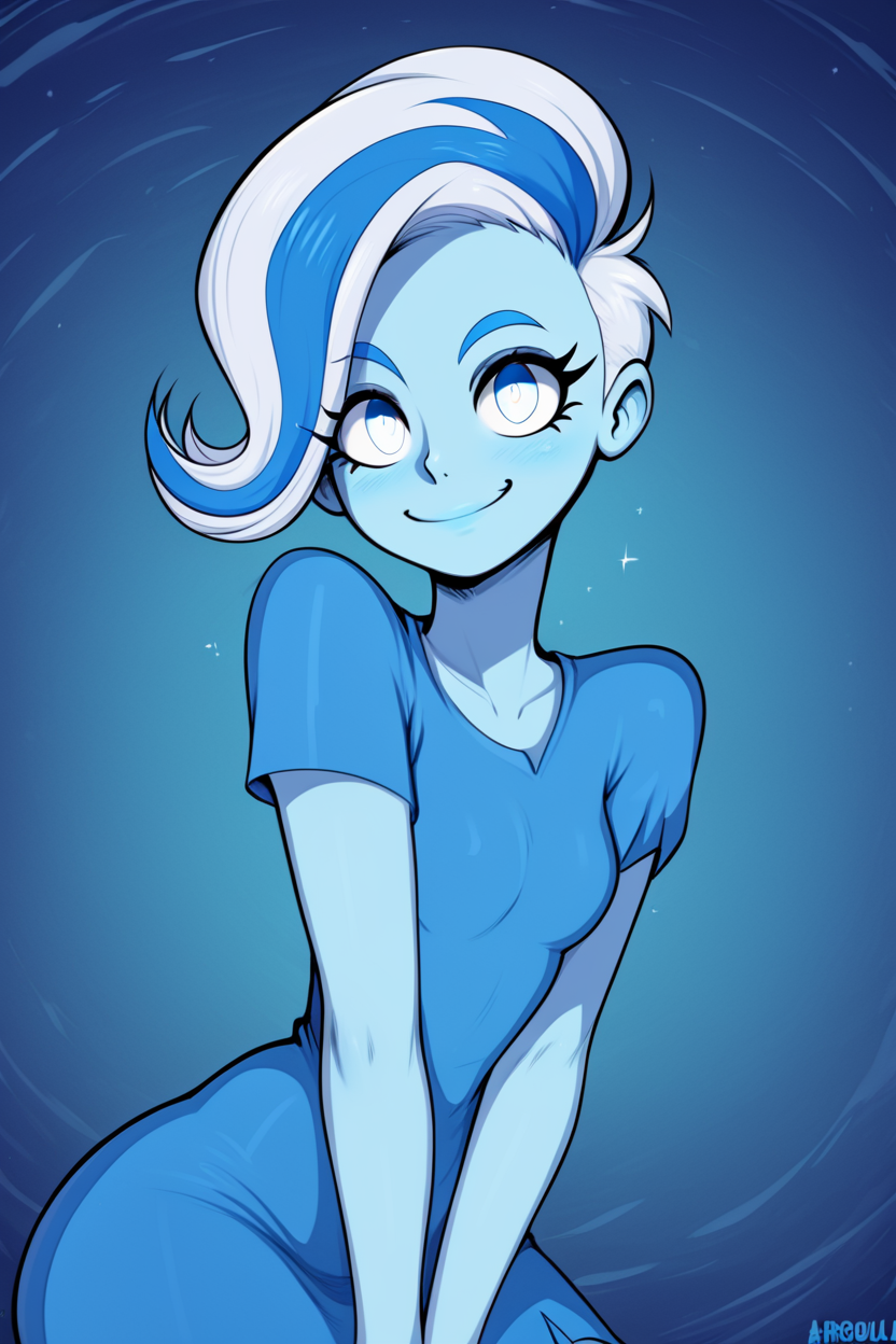 score_9, score_8_up, score_8, medium breasts, (curvy), cute, eyelashes,       BREAK, ,  zzPhantasma, 1girl, colored skin, white hair, multicolored hair, short hair, white eyes, two-tone hair, blue skin, blue hair,  blue dress, short sleeves, blue theme, <lora:Phantasma_PDXL:0.8>,, BREAK, <lora:Afrobull_PDXL_v4:0.8>,  ,,, BREAK, smile, looking at viewer, closed mouth, cowboy shot,  ,,, embedding:zPDXL, Expressiveh, ,,, <lora:SDXLFaeTastic2400:0.5>, <lora:Expressive_H-000001:0.4>,