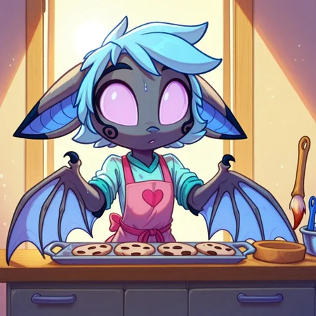 Dreamkeepers,1girl,Prelude_Vanth,solo,furry,source_furry,blue hair,wings,furry,bat wings,
child, kid,
clay, rolling_pin, cookie_cutter, paintbrush, acrylic_paint, table, apron, oven_tray, ribbon, beads, sunlight, towel
Scene: A sunny kitchen table where someone rolls out soft clay with a tiny rolling pin, pressing a flower-shaped cookie cutter into it to form a pin. A paintbrush adds pastel colors, an oven tray waits to bake the piece, and a towel wipes sticky fingers. Beads and a ribbon lie ready to thread through, sunlight glints off the wet clay, and the little creation looks ready to bloom into a cute accessory