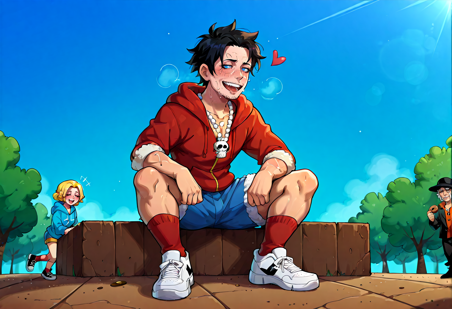IllustriousQual, <lora:StS-Illustrious-Detail-Slider-v1.0:2> <lora:cfg_scale_boost:0.3> <lora:StS_Age_Slider_Illustrious_v1:3>,detailed_background,outdoors,cookie run: kingdom,sabo \(one piece\),hoodie,scar on face,multiple boys,humanization,orange shirt,shorts,portgas d. ace,heart,scar,sneakers,full body,other focus,siblings,1other,red socks,pearl necklace,bandaid on face,blue eyes,closed eyes,jacket,blue hoodie,shirt,male focus,necklace,androgynous,^ ^,open mouth,monkey d. luffy,shoes,red hoodie,solo,food,3boys,jewelry,highres,bandaid on nose,socks