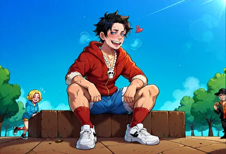 IllustriousQual, <lora:StS-Illustrious-Detail-Slider-v1.0:2> <lora:cfg_scale_boost:0.3> <lora:StS_Age_Slider_Illustrious_v1:3>,detailed_background,outdoors,cookie run: kingdom,sabo \(one piece\),hoodie,scar on face,multiple boys,humanization,orange shirt,shorts,portgas d. ace,heart,scar,sneakers,full body,other focus,siblings,1other,red socks,pearl necklace,bandaid on face,blue eyes,closed eyes,jacket,blue hoodie,shirt,male focus,necklace,androgynous,^ ^,open mouth,monkey d. luffy,shoes,red hoodie,solo,food,3boys,jewelry,highres,bandaid on nose,socks