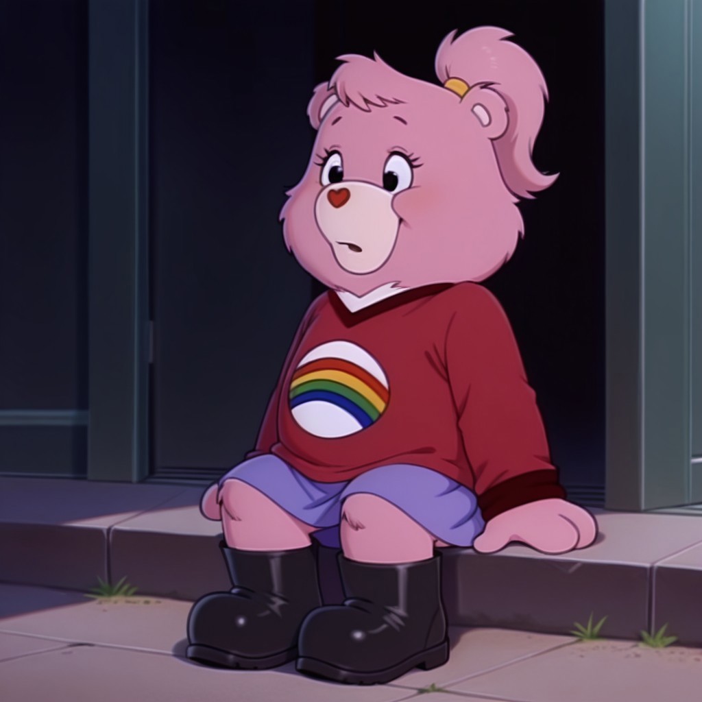 masterpiece, best quality, amazing quality, cheerbearil, semi-anthro, female, bear_girl, pink fur, black eyes, tummy symbol, red shirt dark red trim, purple skirt, black boots, hair-tie, ponytail, outside, full body
