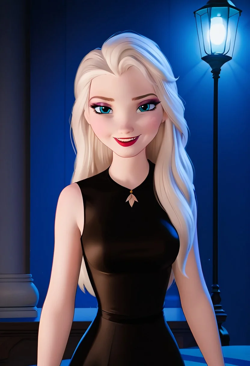 score_9, score_8_up, score_8, score_7_up, cartoon screencap, DisneyRenstyle, accurate_art_style, flat_color, flat_colors, 4k, extremely detailed, correct proportions, uncensored, BREAK, 1girl, elsa, hair down, loose hair, sleeveless micro black dress, large breasts, looking at the viewer seductively, sexy smile, BREAK, indoors, dark modern bedroom at night, lamp lighting, warm glow from offscreen, BREAK, vibrant colors, 85% dark lighting, 50% studio lighting, 50% soft lighting