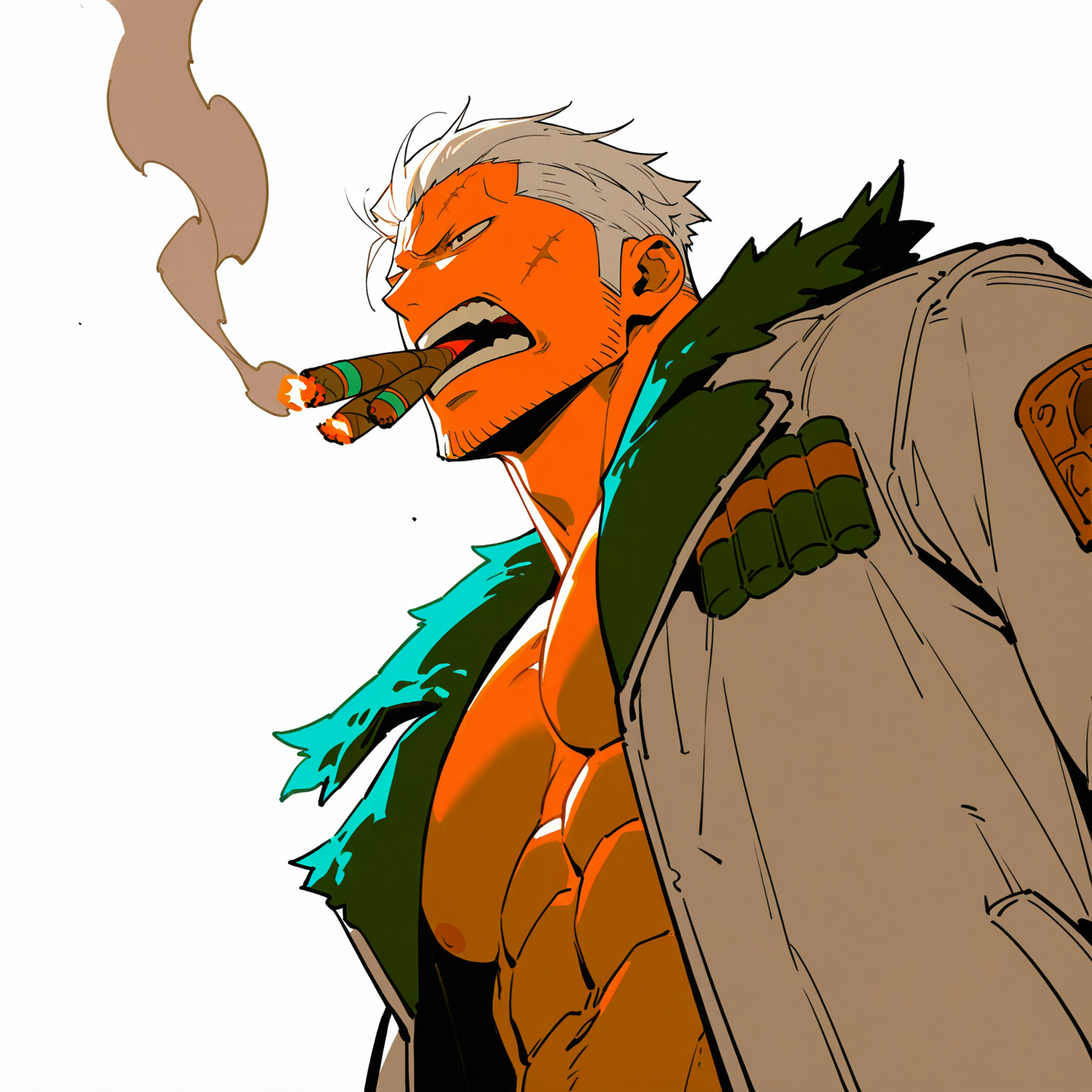 <lora:SMOKER:1>
smoker, solo, open mouth, short hair, simple background, 1boy, upper body, white hair, male focus, teeth, coat, muscular, facial hair, abs, smoke, mature male, sideburns, stubble, goatee, smoking, cigar, sideburns stubble, scar, manly
, dynamic perspective, detailed background, motion blur, film grain, abstract, natural lighting, fantasy, cinematic, dynamic view, tilted angle, very awa, masterpiece, best quality, absurdres, newest, perfect quality, detailed background, intricate details, (artist:fl \(l-fl\):0.7), (artist:tooboshoo:0.7), (artist:dizdoodz:0.8)