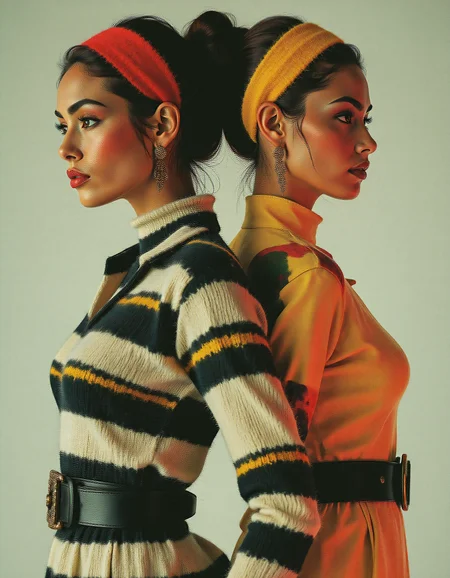 A highly detailed and artistic image but in vibrant colors. The image features two fashion models standing back to back, both wearing matching striped outfits. The outfits consist of long-sleeved, high-necked dresses with bold horizontal black and white stripes, cinched at the waist with wide black belts. The models also wear matching striped headbands that complement their dresses. One model is facing the camera with a confident expression, while the other is looking away, showing her profile. The background is simple and uncluttered, allowing the focus to remain on the models and their outfits. The overall mood is stylish and retro, capturing the essence of 1960s high fashion with vivid, eye-catching colors, 1960s, fashion shoot, extravagant, colorful outfit, beautiful model <lora:FLUX.1-DEV_-_Wild_1960s_Fashions_LoRA:0.8>, aidmaMJ6.1 <lora:aidmaMJ6.1v0.4:0.6>,  <lora:Luminous_Shadowscape:0.6>