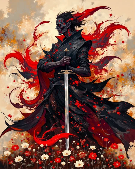 DB4RZ style painting, Dark figure holding a large sword, red and black abstract swirls around, splashes of red and white throughout, background of mixed earthy hues, scattered floral elements at the bottom, dynamic mixture of colors and shapes