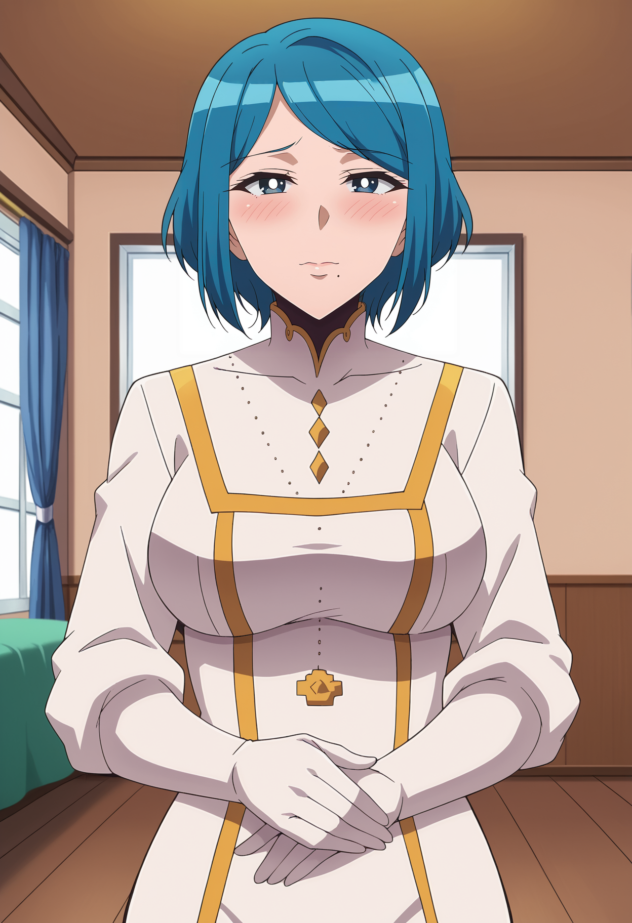 <lora:Medhimama-Tsuujou_Kougeki_ga_Zentai_Kougeki_de_Ni-kai_Kougeki_no_Okaasan_wa_Suki_desu_ka_r1:0.9>,Medhimama,mature female,1girl,solo,blue hair,short hair,blue eyes,mole under mouth,white bodysuit,white gloves,blush,looking at viewer, indoors