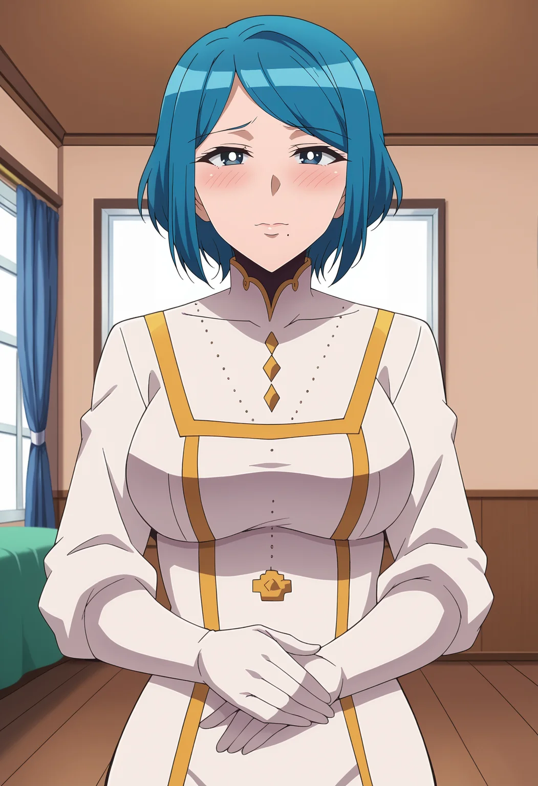 <lora:Medhimama-Tsuujou_Kougeki_ga_Zentai_Kougeki_de_Ni-kai_Kougeki_no_Okaasan_wa_Suki_desu_ka_r1:0.9>,Medhimama,mature female,1girl,solo,blue hair,short hair,blue eyes,mole under mouth,white bodysuit,white gloves,blush,looking at viewer, indoors