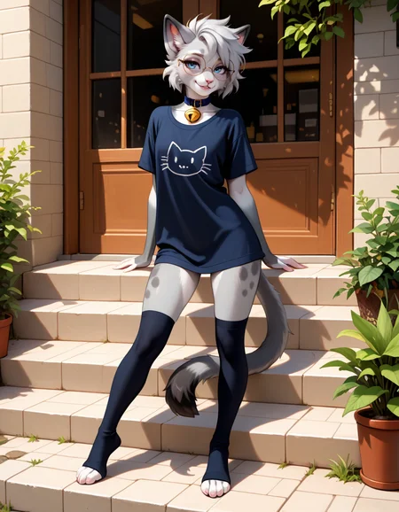 masterpiece, best quality, very aesthetic, absurdres,
outdoors, casual, 
full body, posing, 
seductive smile, parted lips, long eyelashes,
<lora:Nixuelle_v01_NAIXL:1>
Nixue11e,1girl,solo,furry,furry female, cat girl, cat ears, short hair, grey hair, blue eyes, round eyewear, snout, animal nose, collar, neck bell, body fur, two-tone fur, grey fur, white fur, cat tail,
