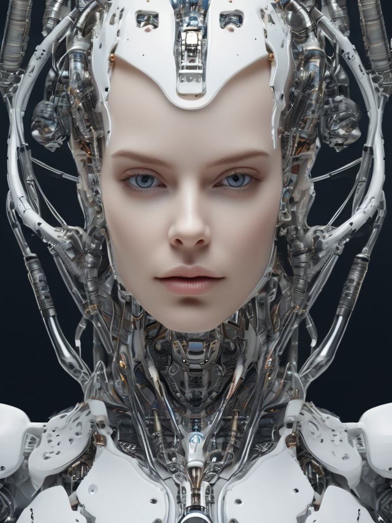 complex 3d render ultra detailed of a beautiful porcelain profile woman android face, cyborg, robotic parts, 150 mm, beautiful studio soft light, rim light, vibrant details, luxurious cyberpunk, lace, hyperrealistic, anatomical, facial muscles, cable electric wires, microchip, elegant, beautiful background, octane render, H. R. Giger style, 8k, best quality, masterpiece, illustration, an extremely delicate and beautiful, extremely detailed ,CG ,unity ,wallpaper, (realistic, photo-realistic:1.37),Amazing, finely detail, masterpiece,best quality,official art, extremely detailed CG unity 8k wallpaper, absurdres, incredibly absurdres, robot, silver halmet, full body, sitting