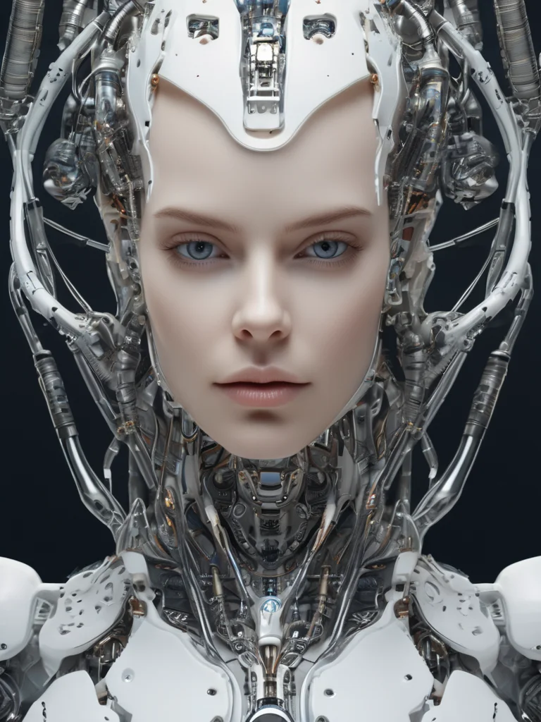 complex 3d render ultra detailed of a beautiful porcelain profile woman android face, cyborg, robotic parts, 150 mm, beautiful studio soft light, rim light, vibrant details, luxurious cyberpunk, lace, hyperrealistic, anatomical, facial muscles, cable electric wires, microchip, elegant, beautiful background, octane render, H. R. Giger style, 8k, best quality, masterpiece, illustration, an extremely delicate and beautiful, extremely detailed ,CG ,unity ,wallpaper, (realistic, photo-realistic:1.37),Amazing, finely detail, masterpiece,best quality,official art, extremely detailed CG unity 8k wallpaper, absurdres, incredibly absurdres, robot, silver halmet, full body, sitting
