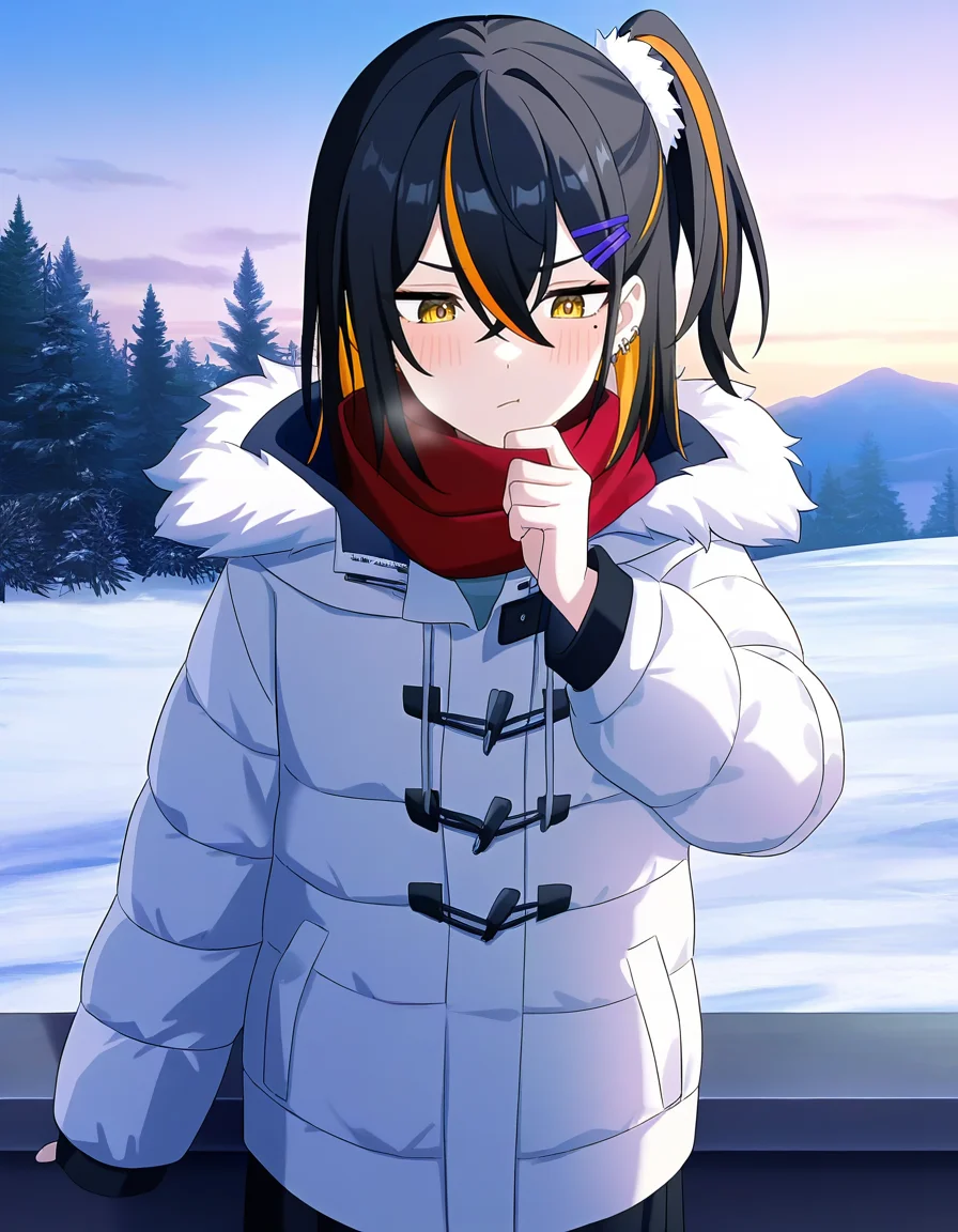 (down jacket:1.2),winter_clothes,in winter,fur trim,cowboy shot,
<lora:naina_noob:0.6>,naina,1girl,solo,black hair,multicolored hair,hairclip,hair ornament,yellow eyes,blonde hair,mole under eye,mole,ear piercing,collarbone,medium hair,hair between eyes,piercing,bangs,orange hair,streaked hair,two-tone hair,jewelry,anime screencap,flat chest,light_blush,thinking,landscape,snow,ice,scarf,
masterpiece,best quality,very aesthetic,absurdres,